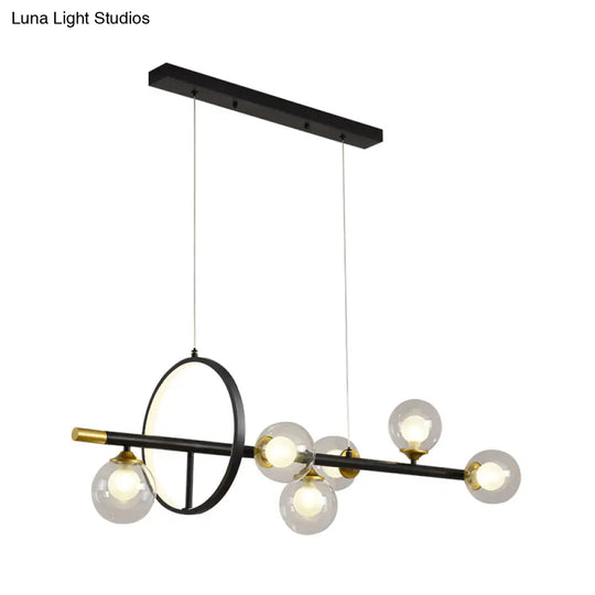 Clear Glass Molecular Island Chandelier - 4/6-Light Pendant In Black With Metal Ring Deco