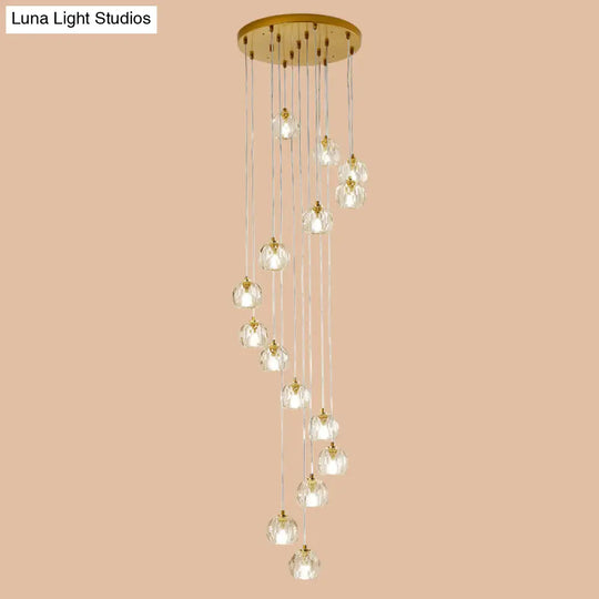 Clear Glass Multi Pendant Gold Pendulum Light With Spiral Design - Modern Stairway Lighting