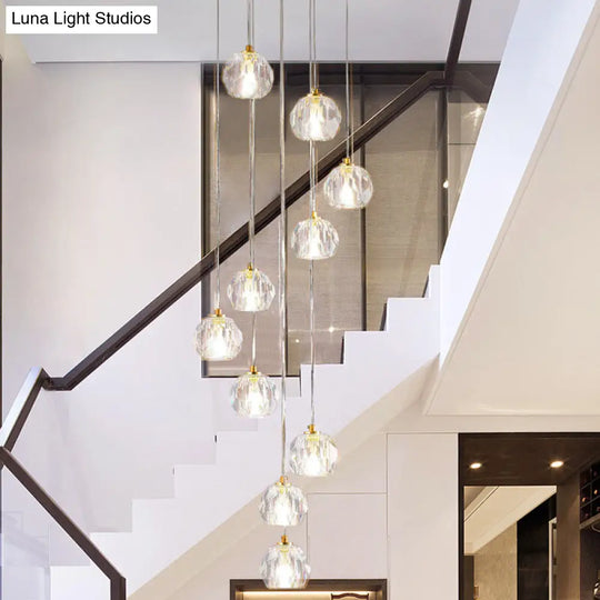 Modern Gold Spiral Design Glass Pendant Light For Stairs - Multi-Pendant Ball Clear Pendulum