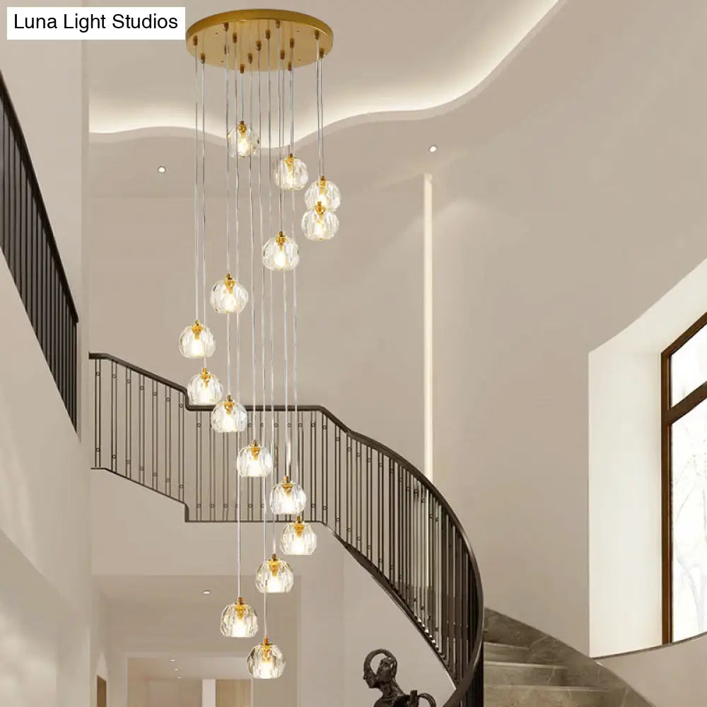 Modern Gold Spiral Design Glass Pendant Light For Stairs - Multi-Pendant Ball Clear Pendulum 15 /