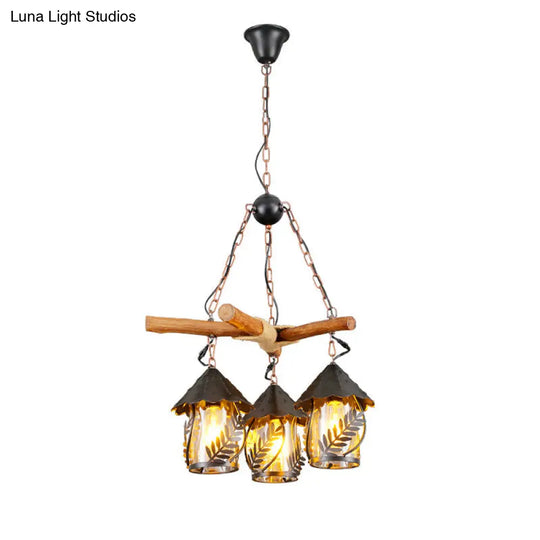 Nautical Lantern Pendant Light With Clear Glass & Wooden Leaf Pattern