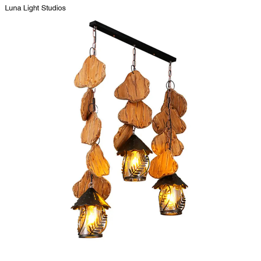Nautical Lantern Pendant Light With Clear Glass & Wooden Leaf Pattern Wood / F
