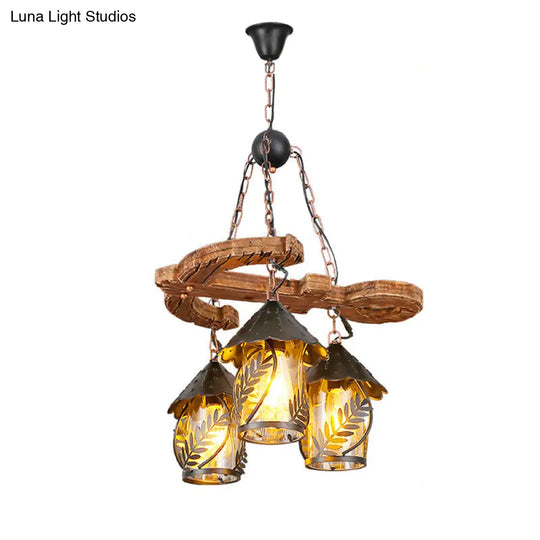 Nautical Lantern Pendant Light With Clear Glass & Wooden Leaf Pattern Wood / C