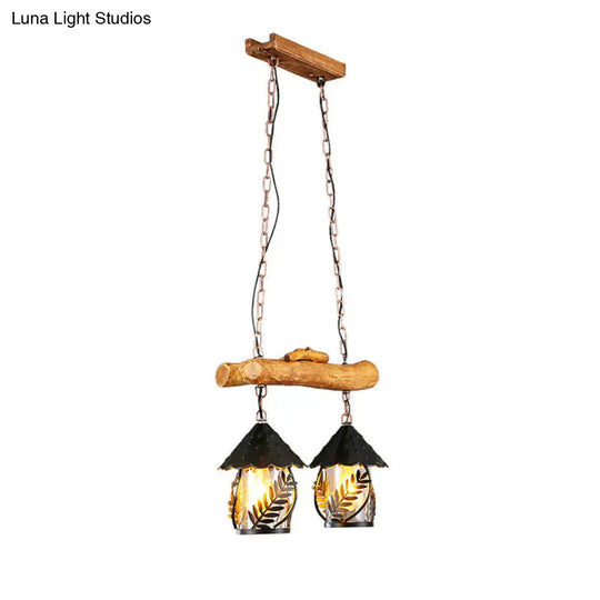 Nautical Lantern Pendant Light With Clear Glass & Wooden Leaf Pattern Wood / D