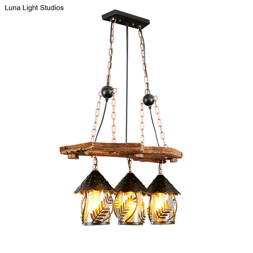 Nautical Lantern Pendant Light With Clear Glass & Wooden Leaf Pattern Wood / B