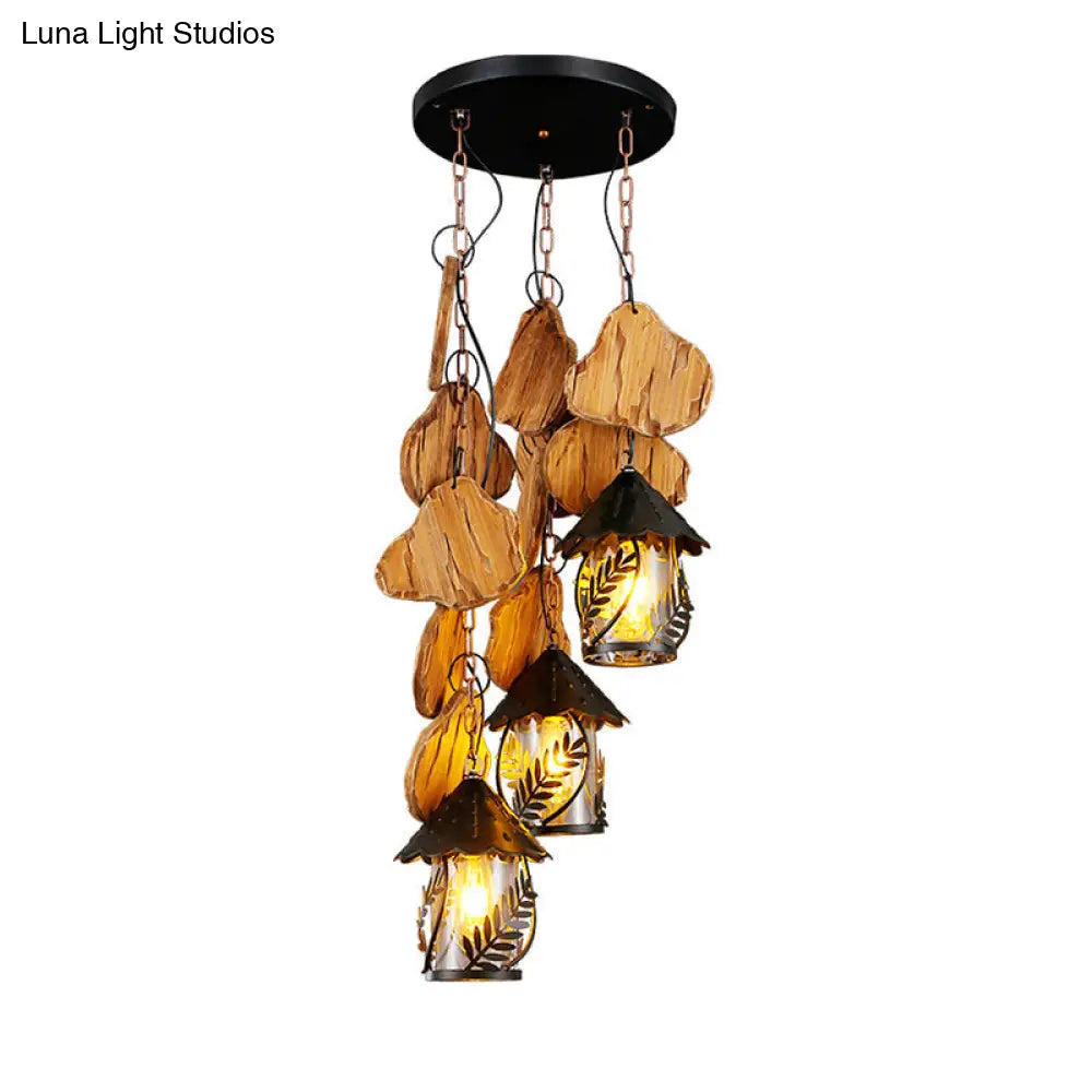Nautical Lantern Pendant Light With Clear Glass & Wooden Leaf Pattern Wood / G