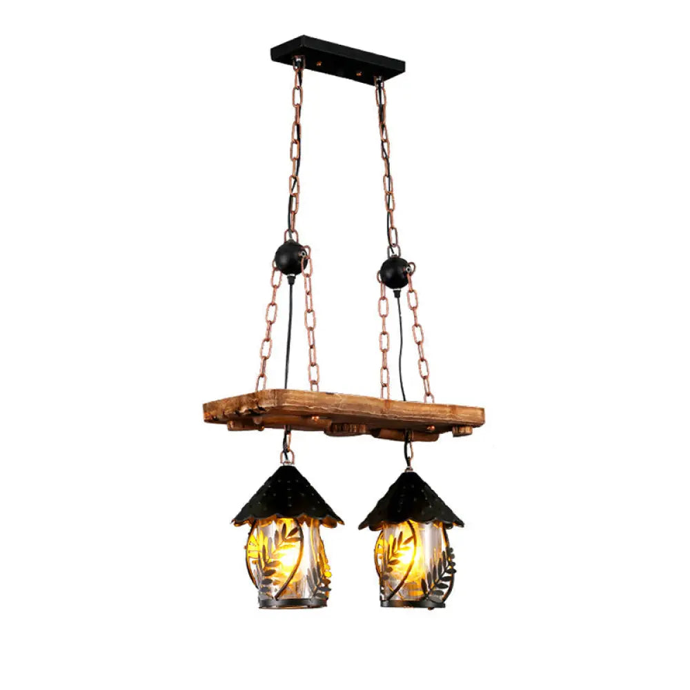 Clear Glass Nautical Lantern Chandelier With Wood Leaf Pattern Pendant Light / A