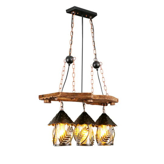 Clear Glass Nautical Lantern Chandelier With Wood Leaf Pattern Pendant Light / B