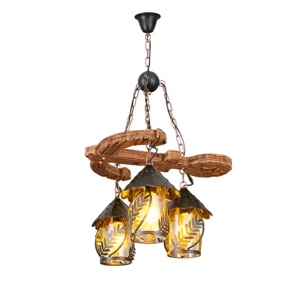 Clear Glass Nautical Lantern Chandelier With Wood Leaf Pattern Pendant Light / C