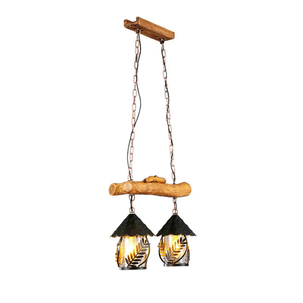 Clear Glass Nautical Lantern Chandelier With Wood Leaf Pattern Pendant Light / D