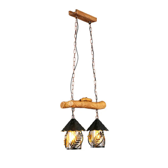Clear Glass Nautical Lantern Chandelier With Wood Leaf Pattern Pendant Light / D