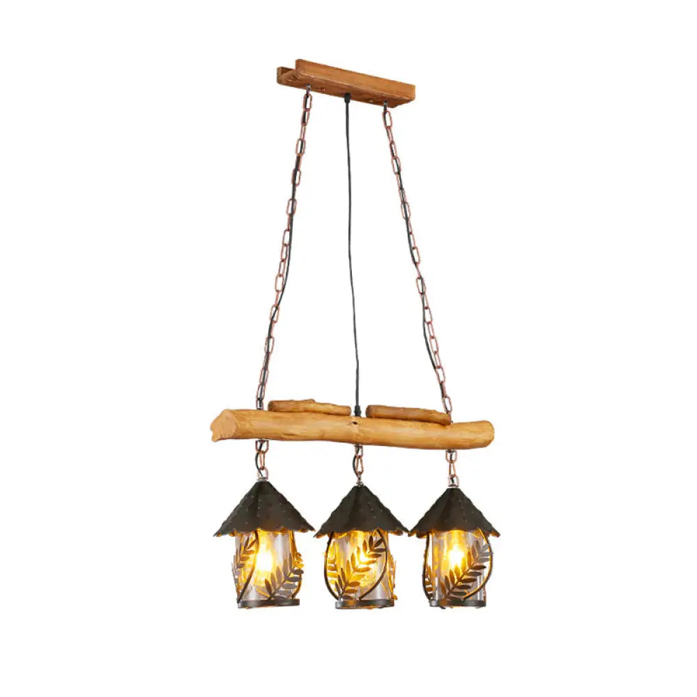Clear Glass Nautical Lantern Chandelier With Wood Leaf Pattern Pendant Light / E