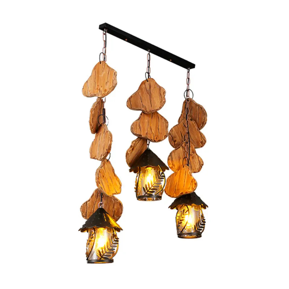 Clear Glass Nautical Lantern Chandelier With Wood Leaf Pattern Pendant Light / F