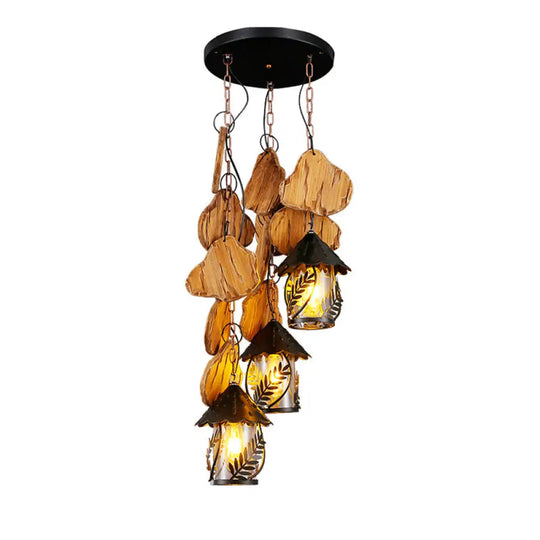 Clear Glass Nautical Lantern Chandelier With Wood Leaf Pattern Pendant Light / G