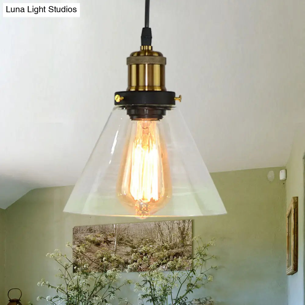 Clear Glass Pendant Light With Brass Conic Shade - Single Fixture For Kitchen Or Rural Areas