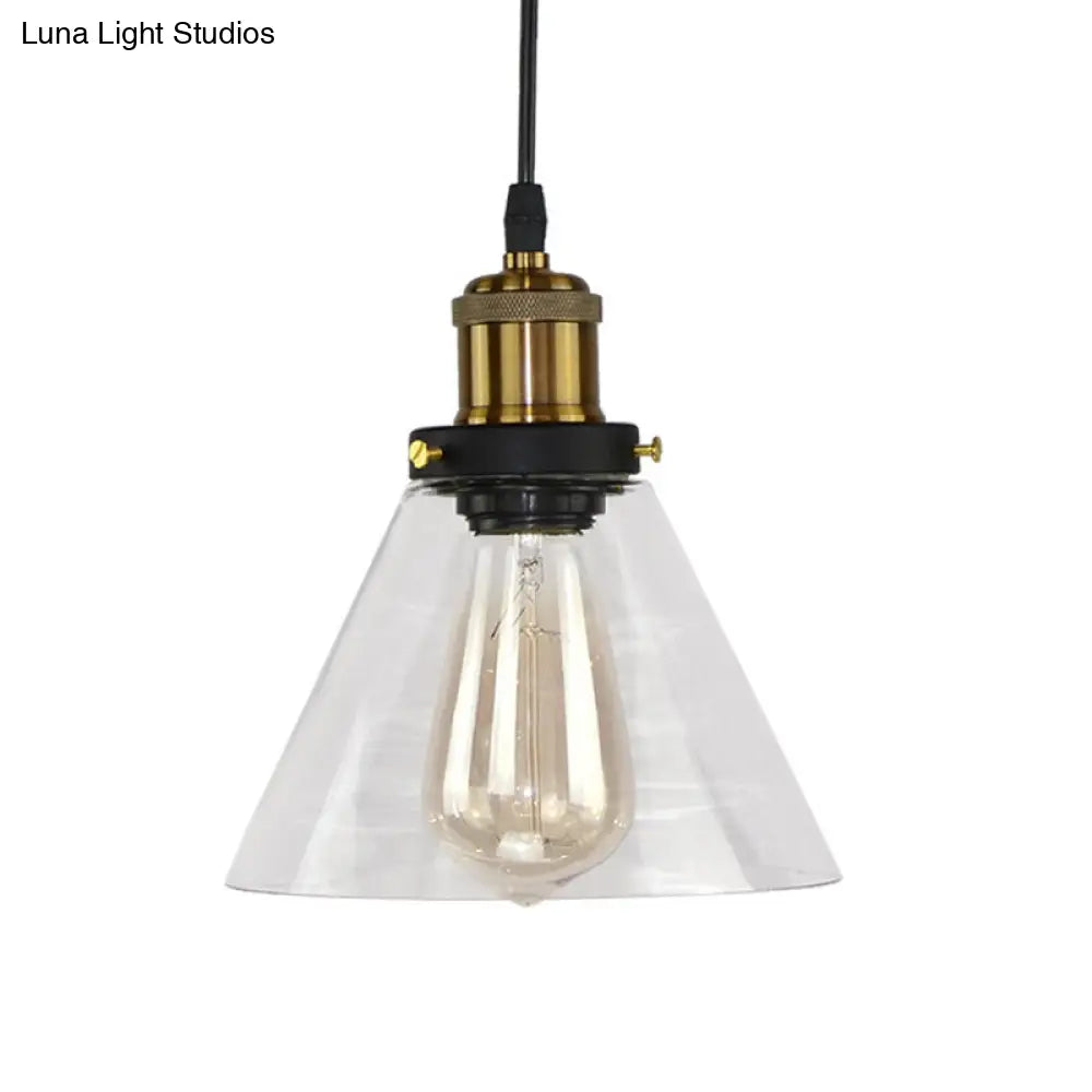 Clear Glass Pendant Light With Brass Conic Shade - Single Fixture For Kitchen Or Rural Areas