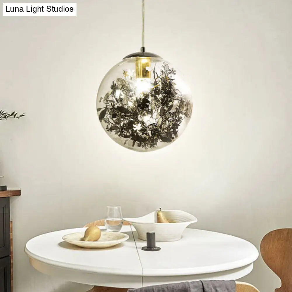 Clear Glass Pendant Light With Foil Flower - Perfect For Dining Room Black / 8