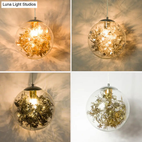 Clear Glass Pendant Light With Foil Flower - Perfect For Dining Room