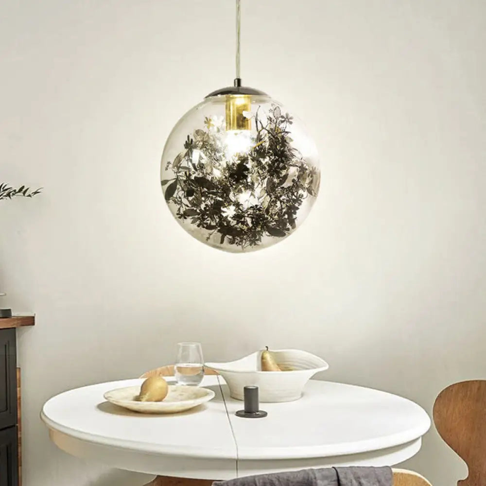 Clear Glass Pendant Light With Elegant Foil Flower For Dining Room Black / 8’