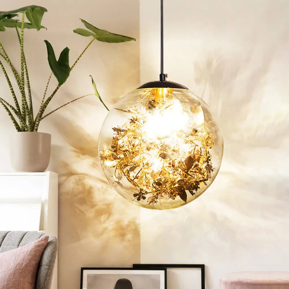 Clear Glass Pendant Light With Elegant Foil Flower For Dining Room Gold / 8’