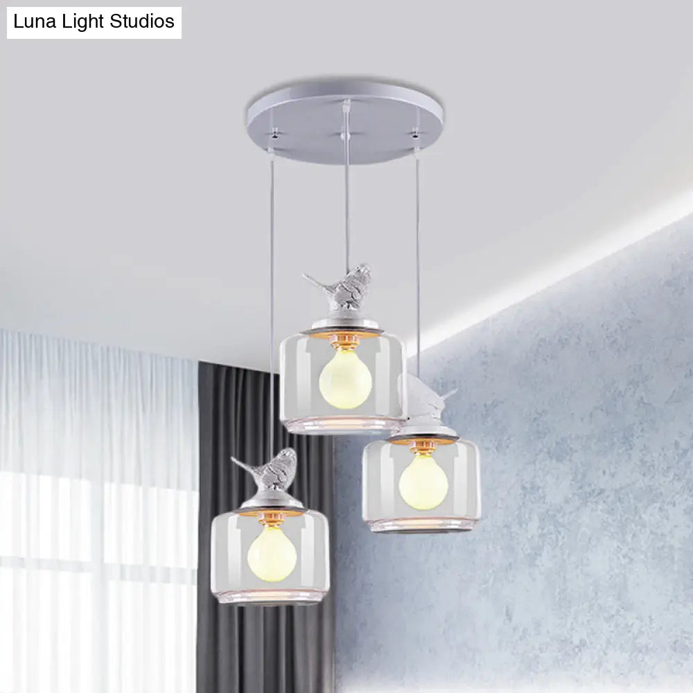 Nordic Glass Pendant Lighting With Resin Bird Top - Clear Drum Design White Multi Light 3 Bulbs