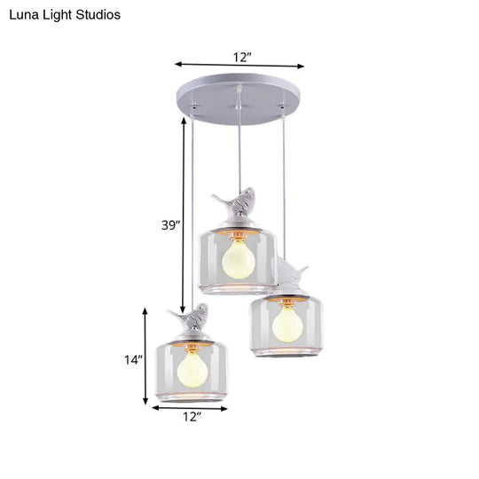 Nordic Glass Pendant Lighting With Resin Bird Top - Clear Drum Design White Multi Light 3 Bulbs