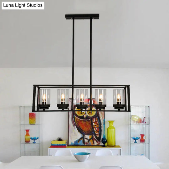 Clear Glass Pendant Retro Industrial Kitchen Island Light Fixture - Rectangle Cage 4/5-Light Option