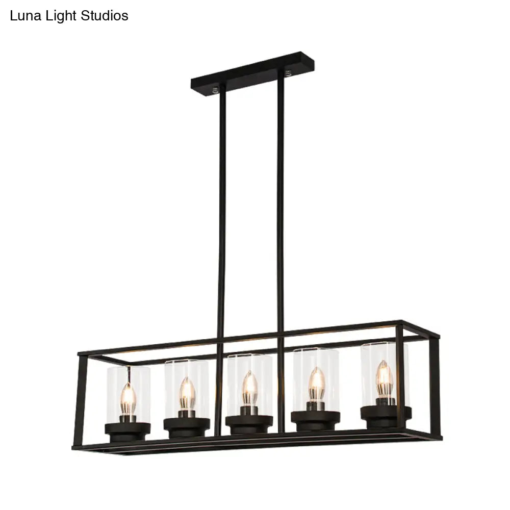 Clear Glass Pendant Retro Industrial Kitchen Island Light Fixture - Rectangle Cage 4/5-Light Option