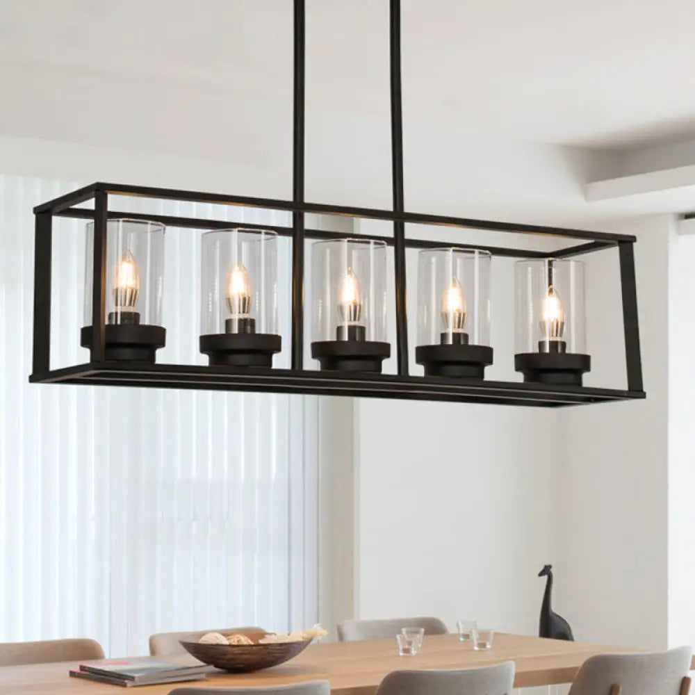 Clear Glass Pendant Retro Industrial Kitchen Island Light Fixture - Rectangle Cage 4/5-Light Option