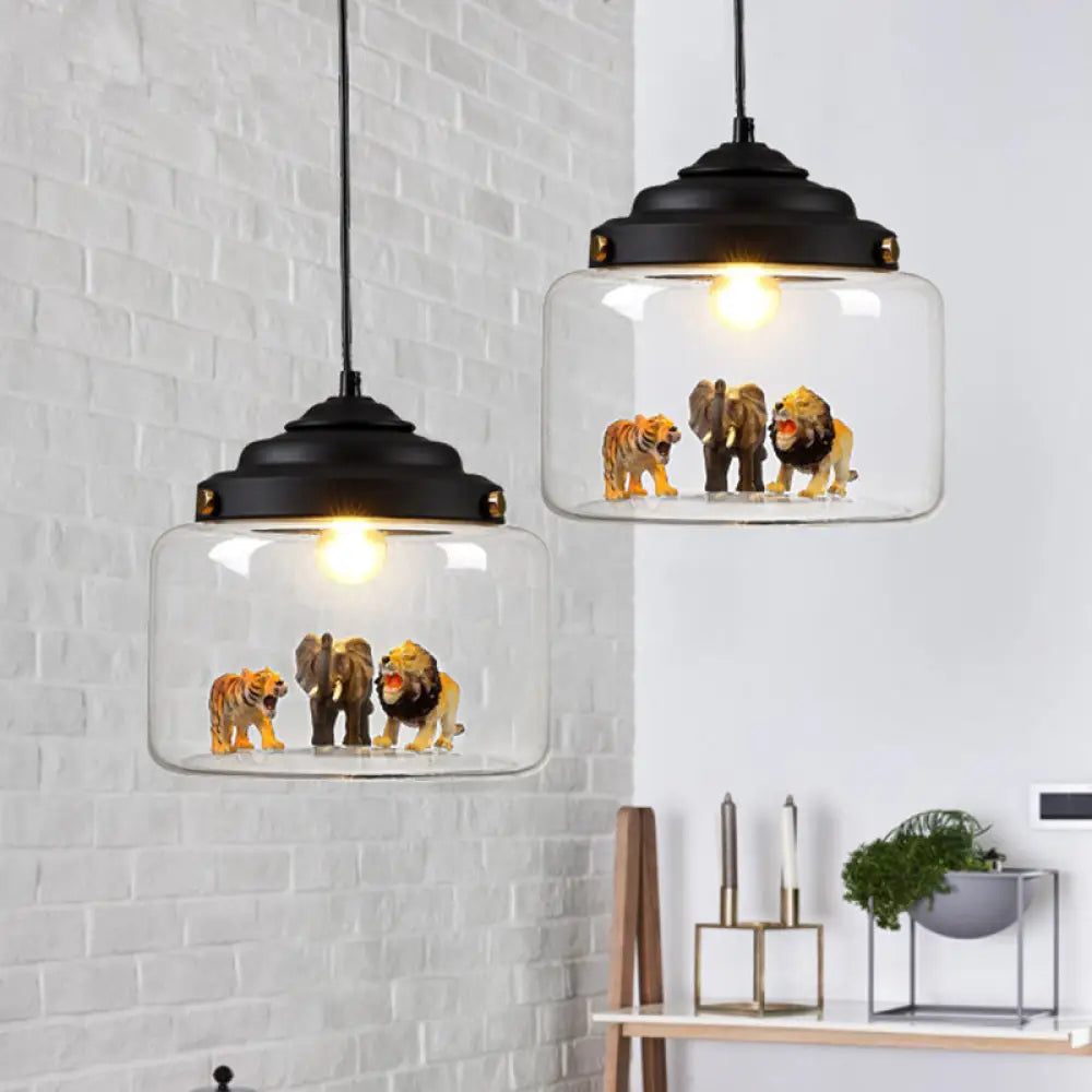 Clear Glass Pendulum Light With Nordic Style - 1 White/Black Suspension Lamp In Jar Shape Animal