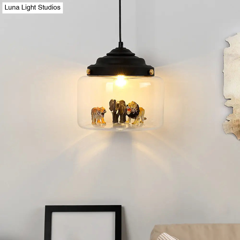 Clear Glass Pendulum Light With Nordic Style - 1 White/Black Suspension Lamp In Jar Shape Animal