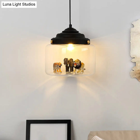 Clear Glass Pendulum Light With Nordic Style - 1 White/Black Suspension Lamp In Jar Shape Animal