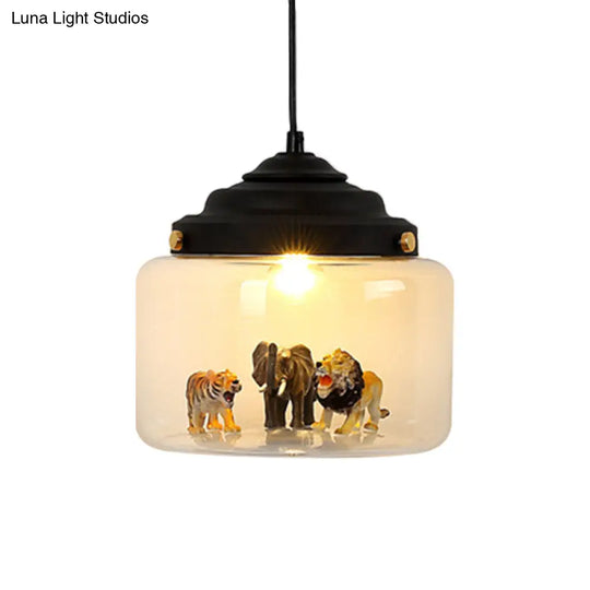 Clear Glass Pendulum Light With Nordic Style - 1 White/Black Suspension Lamp In Jar Shape Animal