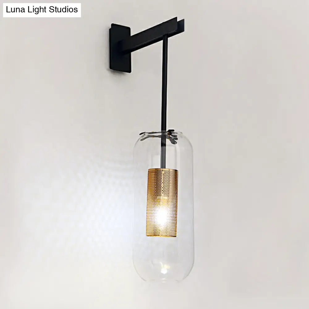 Clear Glass Pill Capsule Wall Sconce - Modern 1-Light Hanging Light With Mesh Cage