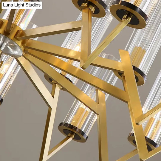 Modern Glass Prism Pendant Light - Tube Shade Brass Finish Chandelier (6/8-Bulb)