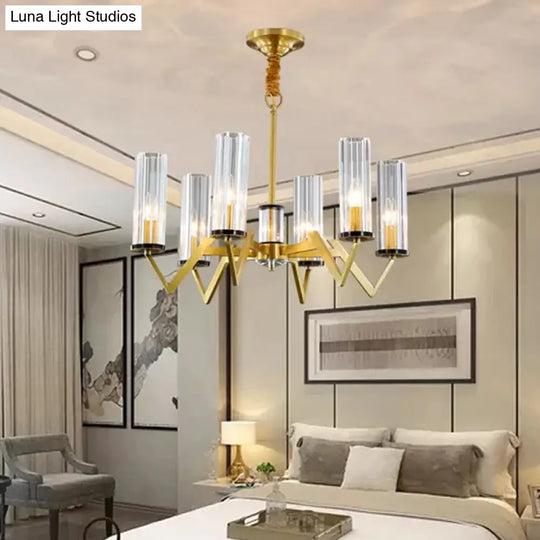 Clear Glass Prism Pendant Light-Post Modern Brass Chandelier For Bedroom