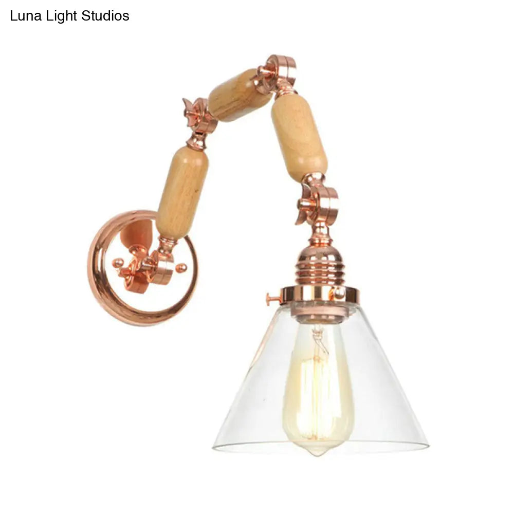 Clear Glass Sconce Light Fixture: Industrial Gold Cone Living Room Wall Lamp With Curved Arm