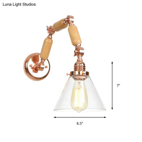 Clear Glass Sconce Light Fixture: Industrial Gold Cone Living Room Wall Lamp With Curved Arm