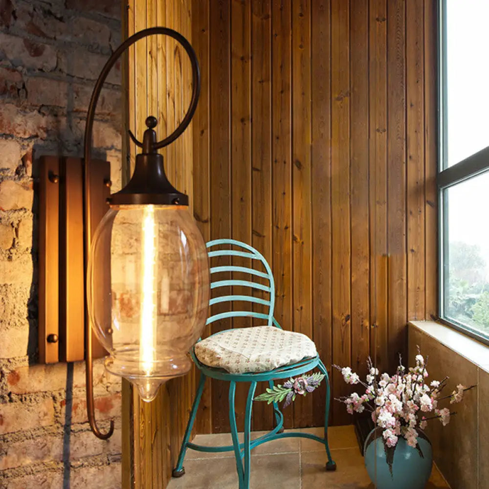 Clear Glass Sconce Light With Black Oval Shade - Industrial Wall Lamp For Living Room Coffee