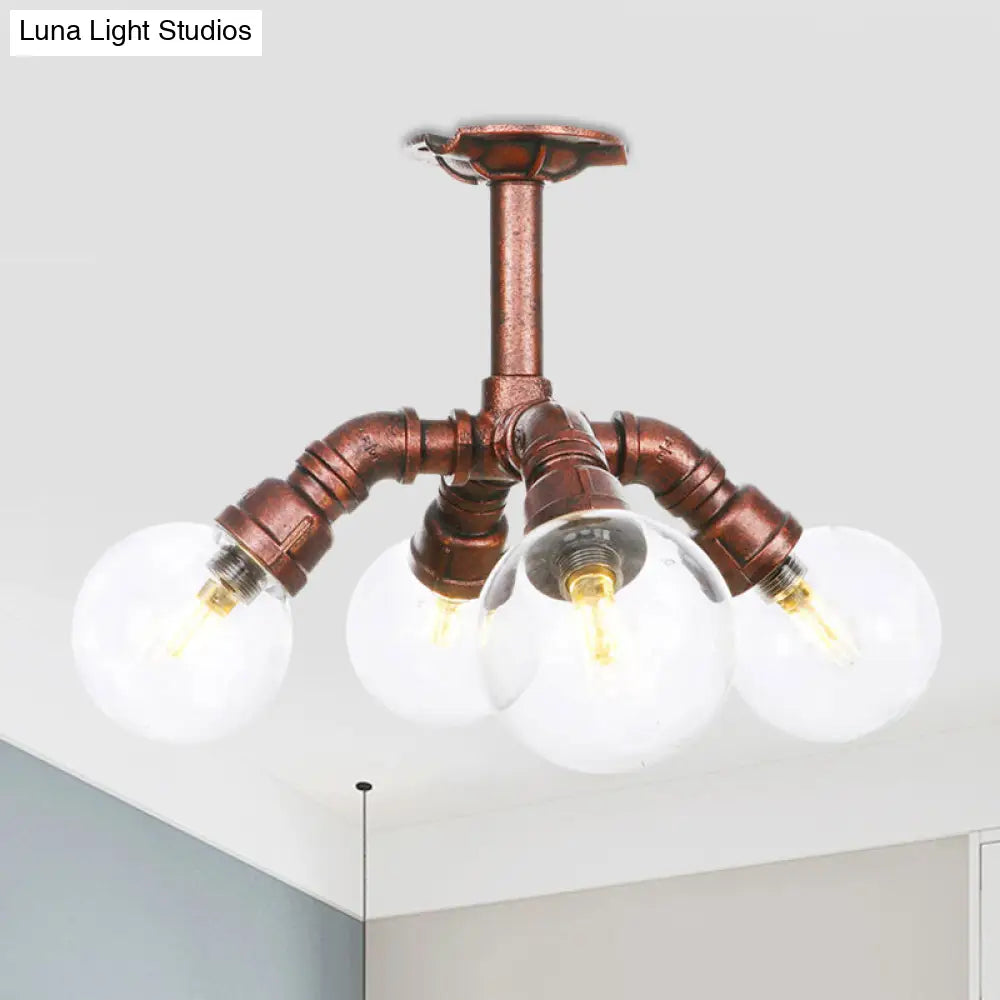 Clear Glass Semi-Flush Ceiling Light With Ball Design - Farmhouse Style Copper Finish Restaurant