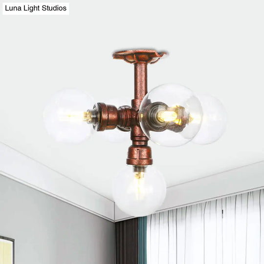 Clear Glass Semi-Flush Ceiling Light With Ball Design - Farmhouse Style Copper Finish Restaurant