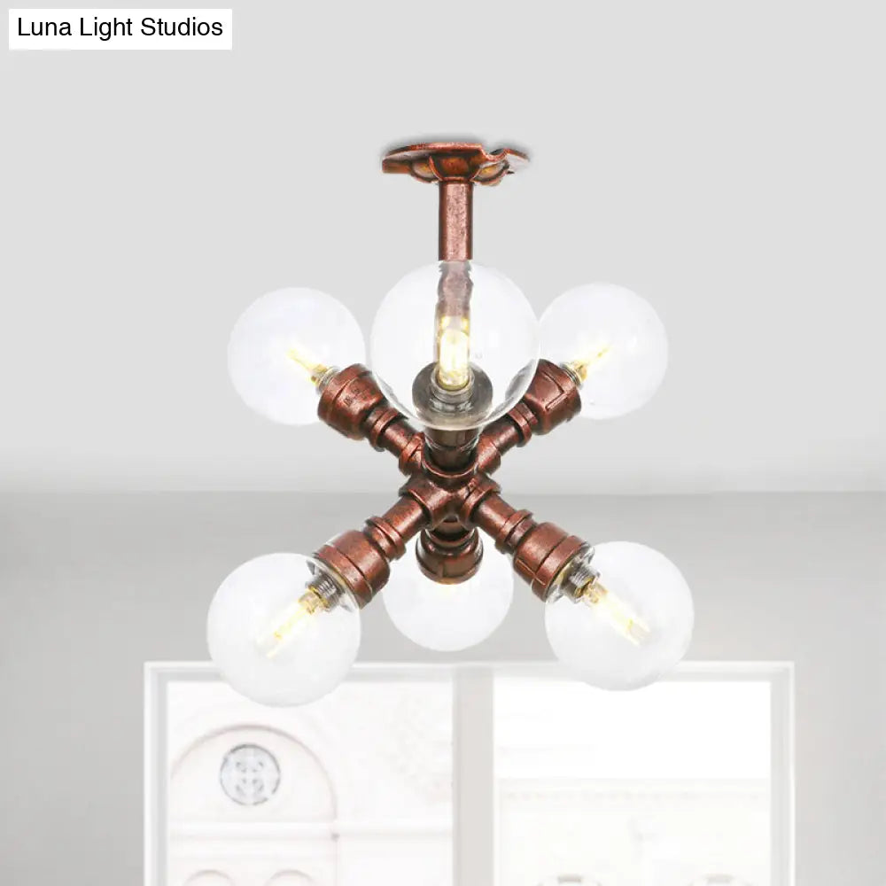 Clear Glass Semi-Flush Ceiling Light With Ball Design - Farmhouse Style Copper Finish Restaurant