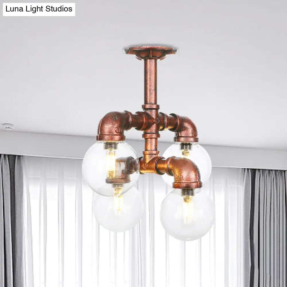 Clear Glass Semi-Flush Ceiling Light With Ball Design - Farmhouse Style Copper Finish Restaurant