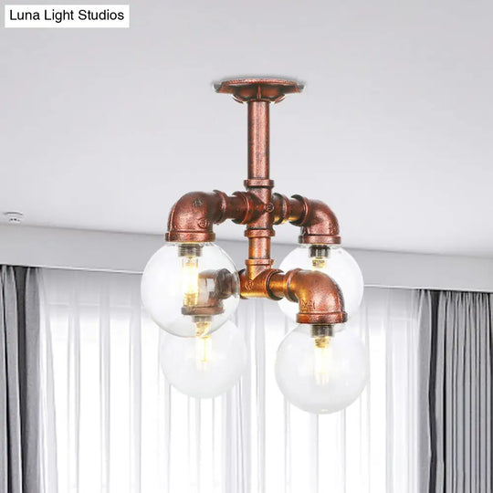 Clear Glass Semi-Flush Ceiling Light With Ball Design - Farmhouse Style Copper Finish Restaurant