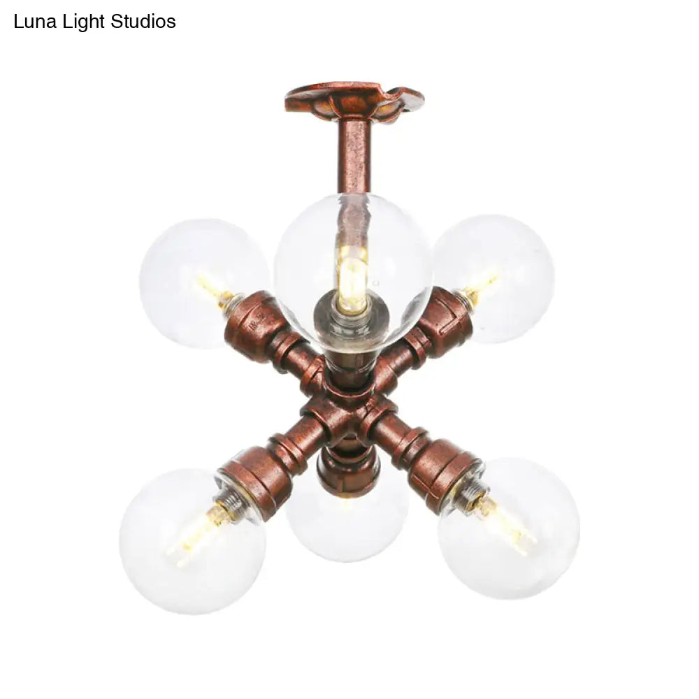 Clear Glass Semi-Flush Ceiling Light With Ball Design - Farmhouse Style Copper Finish Restaurant