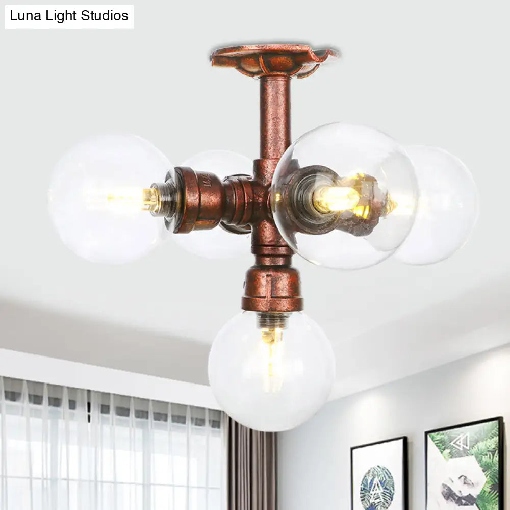 Clear Glass Semi-Flush Ceiling Light With Ball Design - Farmhouse Style Copper Finish Restaurant