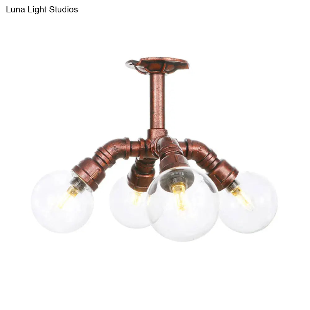 Clear Glass Semi-Flush Ceiling Light With Ball Design - Farmhouse Style Copper Finish Restaurant