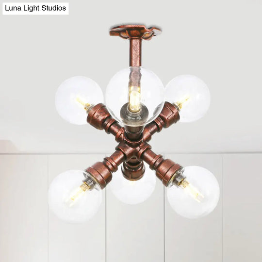 Clear Glass Semi-Flush Ceiling Light With Ball Design - Farmhouse Style Copper Finish Restaurant