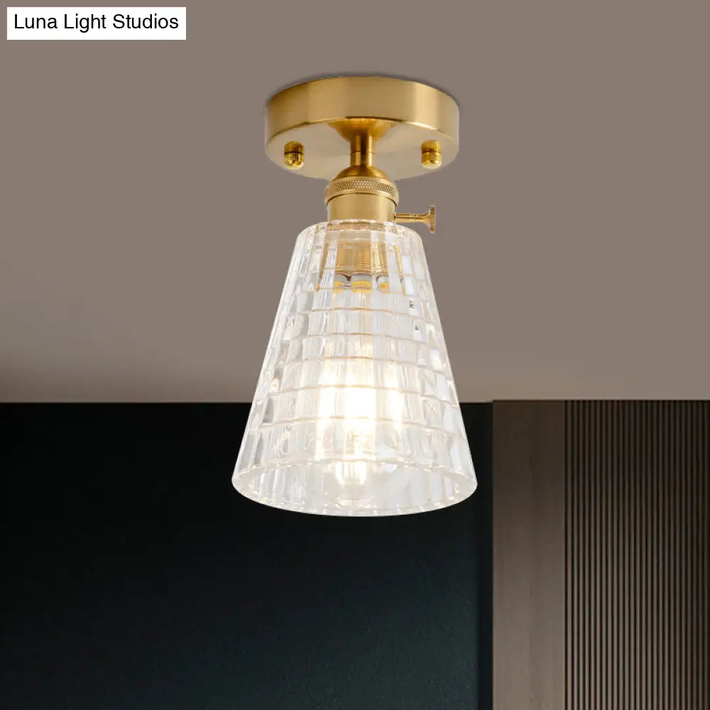 Clear Glass Single Light Gold Semi Flush Industrial Ceiling Lighting - Cone/Cylinder/Bell Corridor