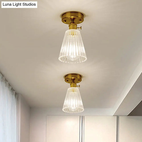 Clear Glass Single Light Gold Semi Flush Industrial Ceiling Lighting - Cone/Cylinder/Bell Corridor /